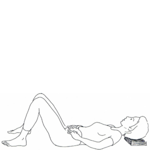 sketch of person lying on floor with knees bent up and head on books, in Semi-supine position